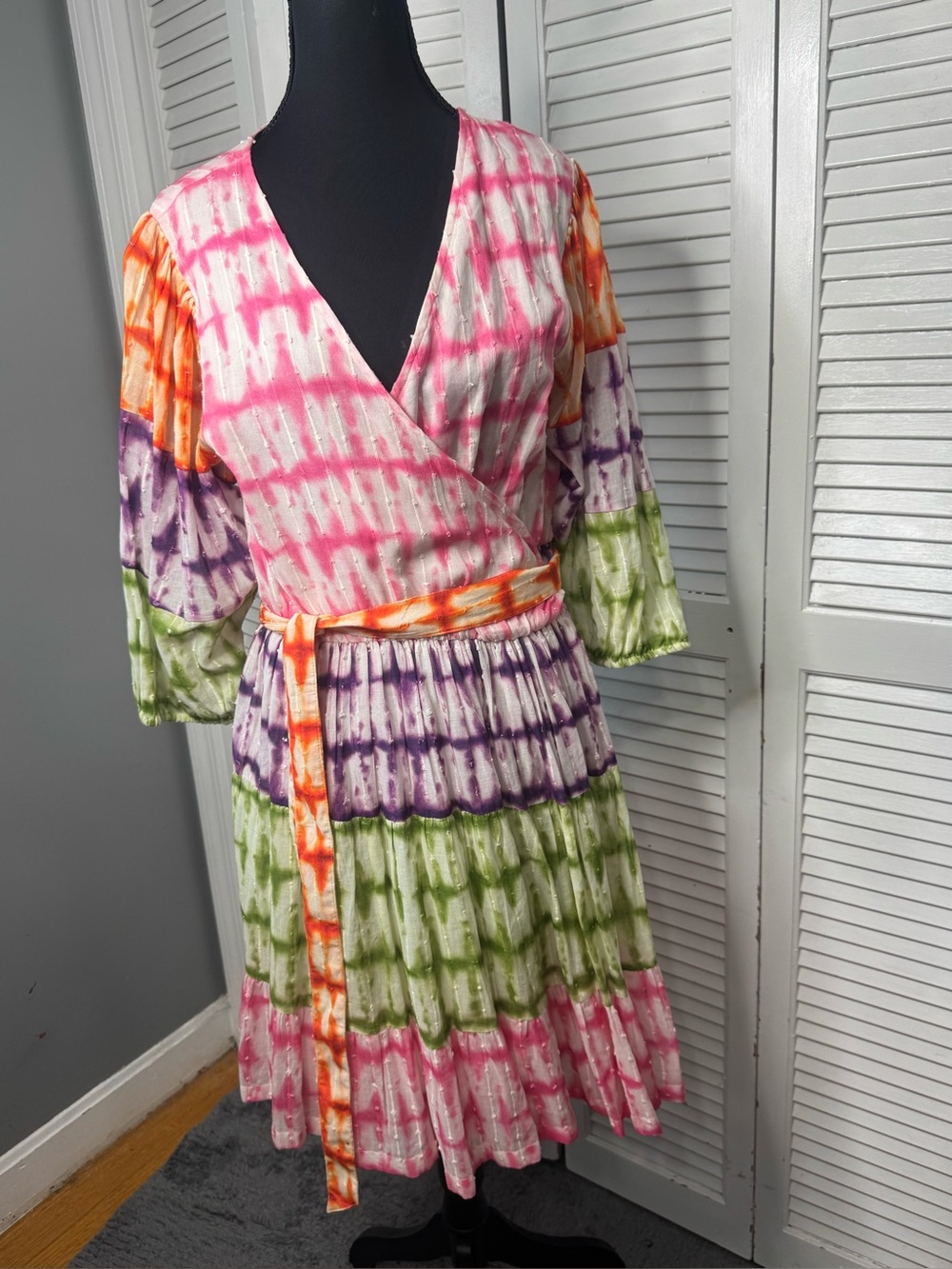 Briton Court Women Muti Color Tie Dye Boho Midi Wrap Dress With Belt Sz Small